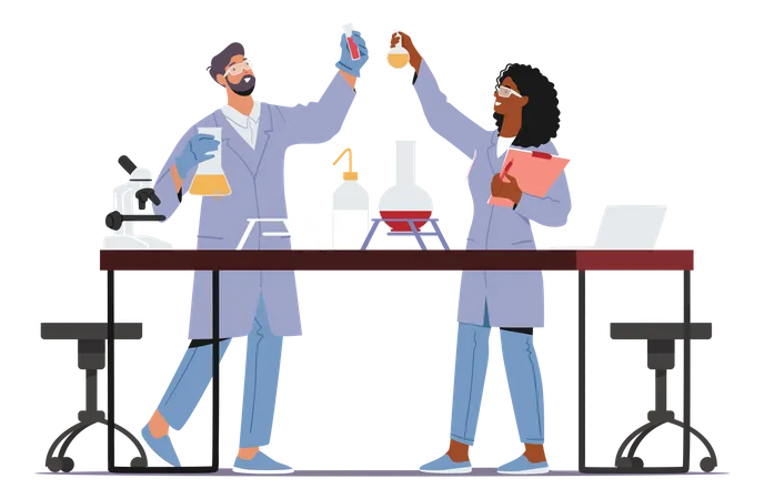 Científicos que realizan experimentos e investigaciones científicas en laboratorio.  Ilustración