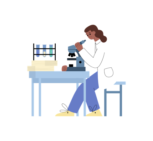 Cientista à mesa observa através de um microscópio.  Ilustração