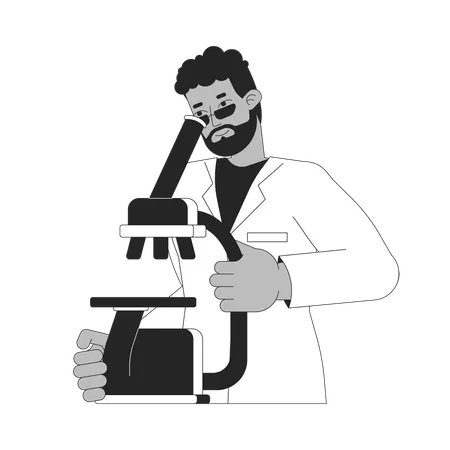 Cientista afro-americano olhando no microscópio  Ilustração