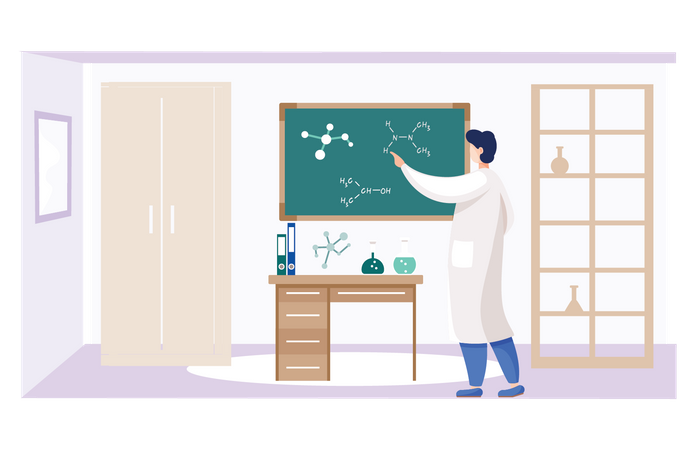 Cientista aprendendo nova fórmula química  Ilustração