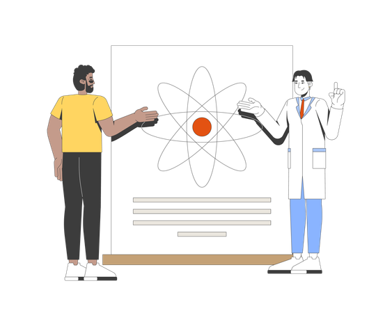 Cientista asiático explicando a um homem negro participante o cartaz do átomo  Ilustração