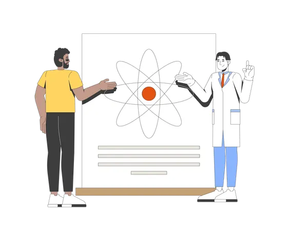 Cientista asiático explicando a um homem negro participante o cartaz do átomo  Ilustração