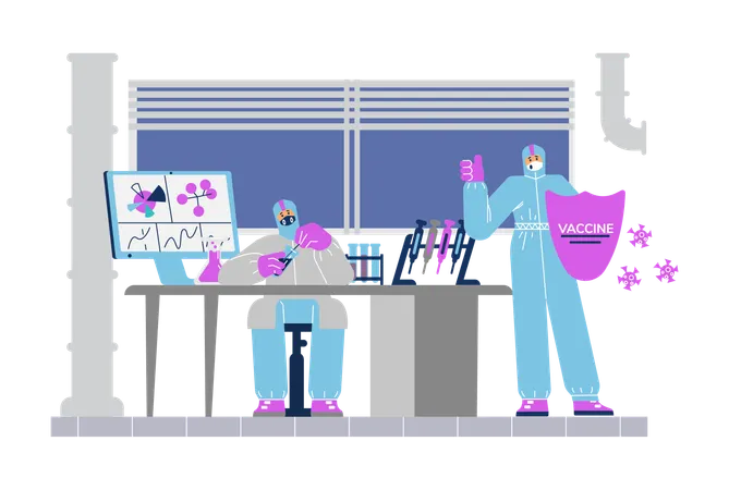 Cientista com escudo em uniforme e máscara pesquisa sobre vacina e medicamento em laboratório viral  Ilustração