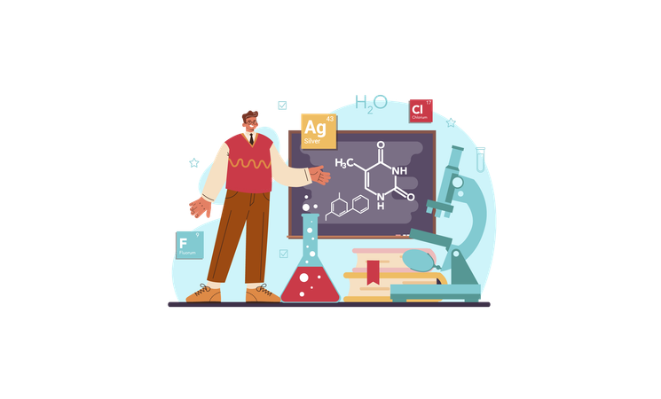Cientista de química fazendo experimento científico  Ilustração