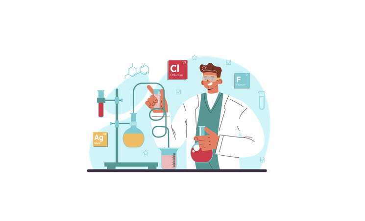 Cientista de química fazendo experimento químico  Ilustração