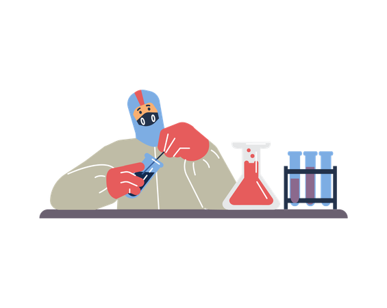 Cientista uniformizado e com máscara pesquisando novo vírus  Ilustração