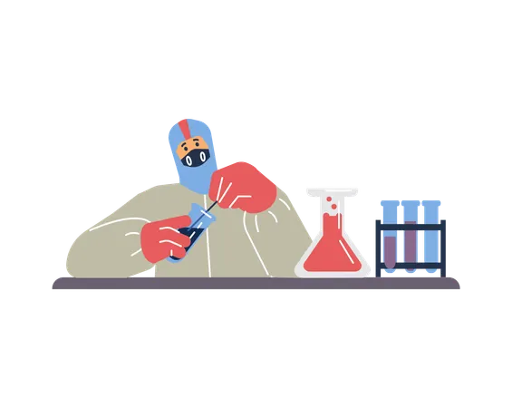 Cientista uniformizado e com máscara pesquisando novo vírus  Ilustração
