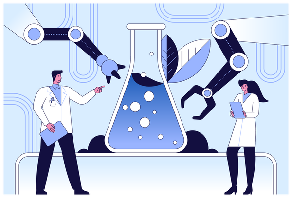 Cientista desenvolvendo fórmula química  Ilustração