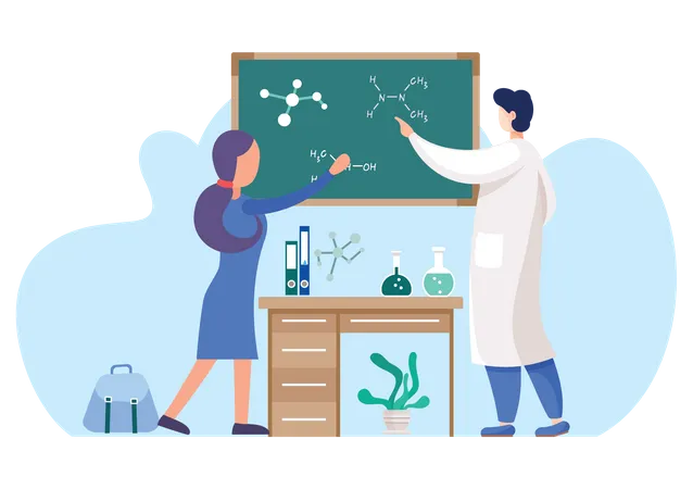 Cientista discutindo composto químico  Ilustração