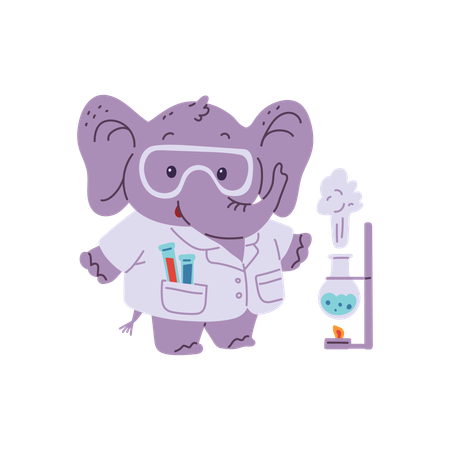Cientista elefante com tubos de laboratório de produtos químicos fazendo experimentos de laboratório aquecendo os produtos químicos  Ilustração