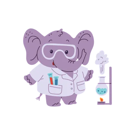 Cientista elefante com tubos de laboratório de produtos químicos fazendo experimentos de laboratório aquecendo os produtos químicos  Ilustração