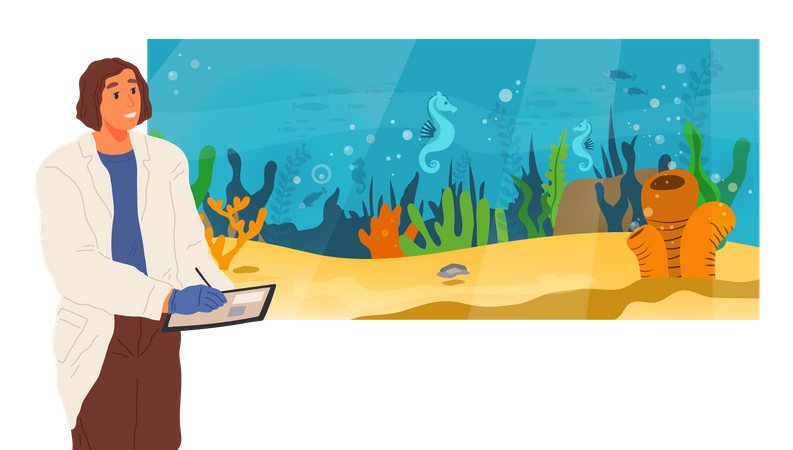 Cientista em aquário estuda mundo subaquático  Ilustração