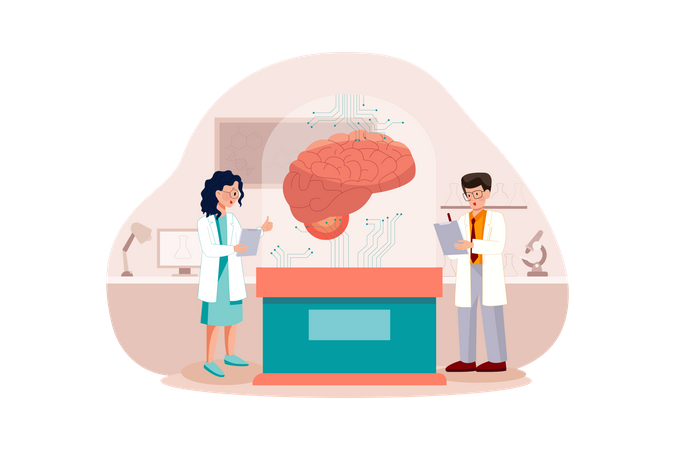 Cientista desenvolvendo cérebro neural  Ilustração