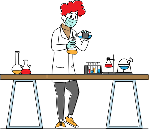 Cientista em experimento de conduta de jaleco  Ilustração