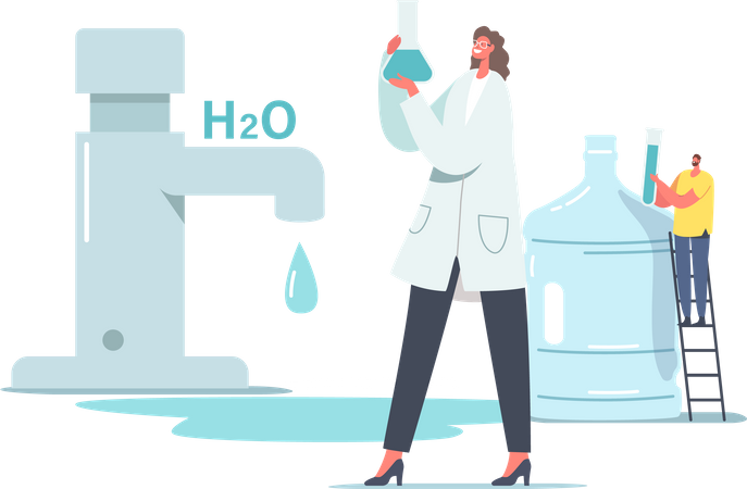 Cientista em jaleco segura copo de água de pesquisa em laboratório  Ilustração