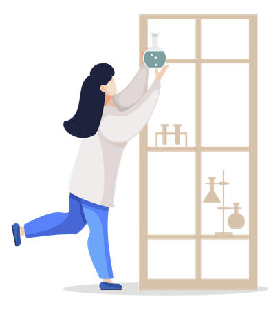 Cientista em laboratório alcançando o topo da prateleira  Ilustração