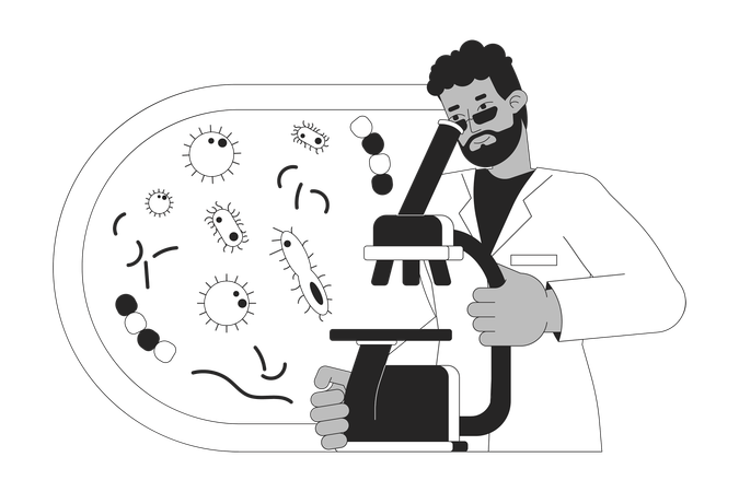 Cientista estudando bactéria através de microscópio  Ilustração