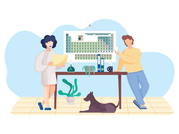 Cientista estudando tabela periódica  Ilustração