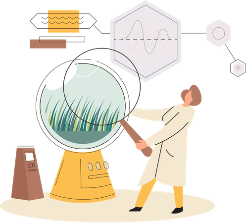 Cientista examinando espécies de plantas usando lupa  Ilustração