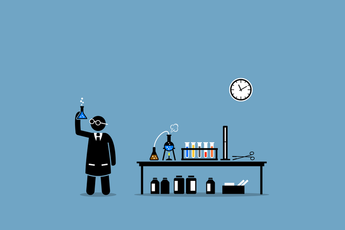 Cientista examinando o resultado de seu experimento de laboratório químico  Ilustração