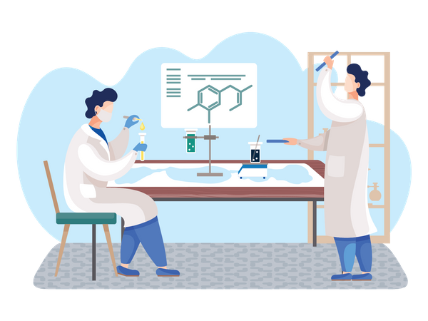 Cientista experimentando produtos químicos  Ilustração