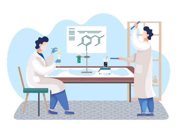 Cientista experimentando produtos químicos  Ilustração