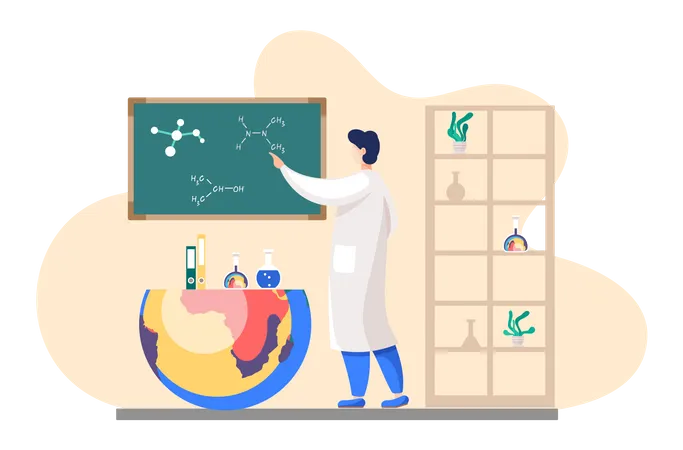 Cientista explica fórmulas. Pesquisador químico com investigações. Experiência científica em laboratório  Ilustração