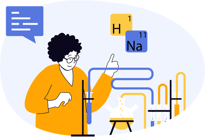 Cientista explicando compostos químicos em sala de aula  Ilustração