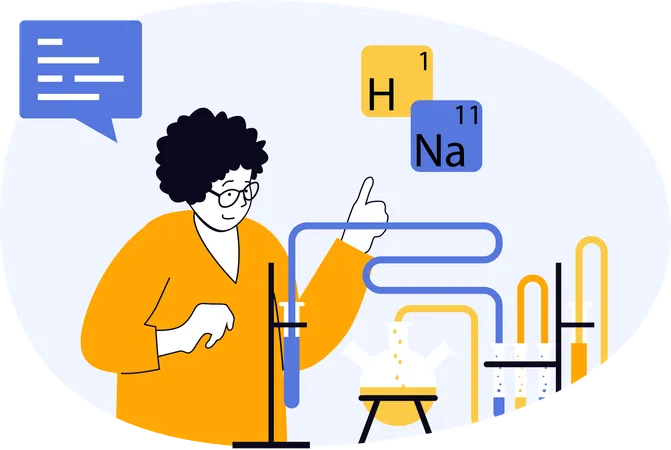 Cientista explicando compostos químicos em sala de aula  Ilustração