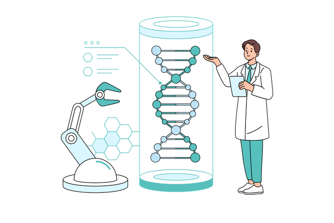 Cientista explicando sobre engenharia genética  Ilustração
