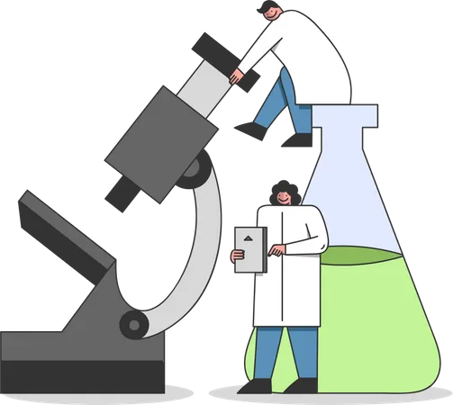 Cientista fazendo experimento dentro do microscópio  Ilustração