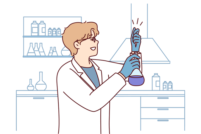 Cientista fazendo experiência com líquido  Ilustração