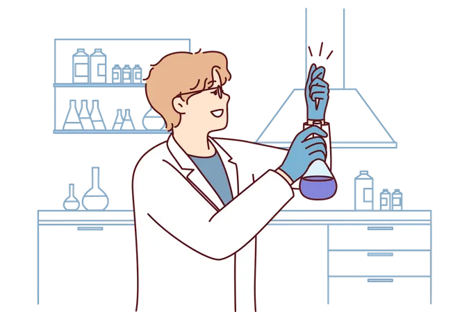 Cientista fazendo experiência com líquido  Ilustração