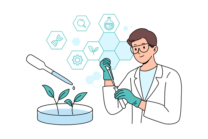 Cientista fazendo experimento de biotecnologia  Ilustração