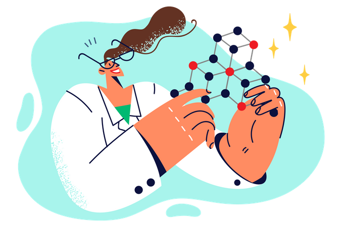 Cientista feminina trabalhando na estrutura molecular da química  Ilustração