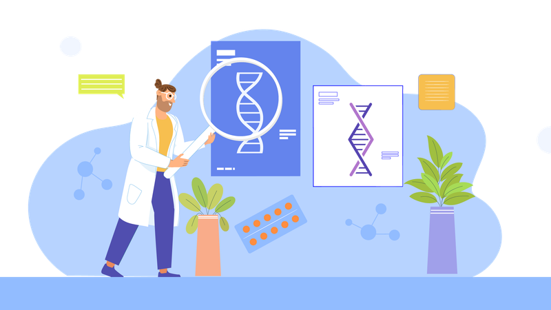 Cientista geneticista fazendo pesquisa de dna  Ilustração