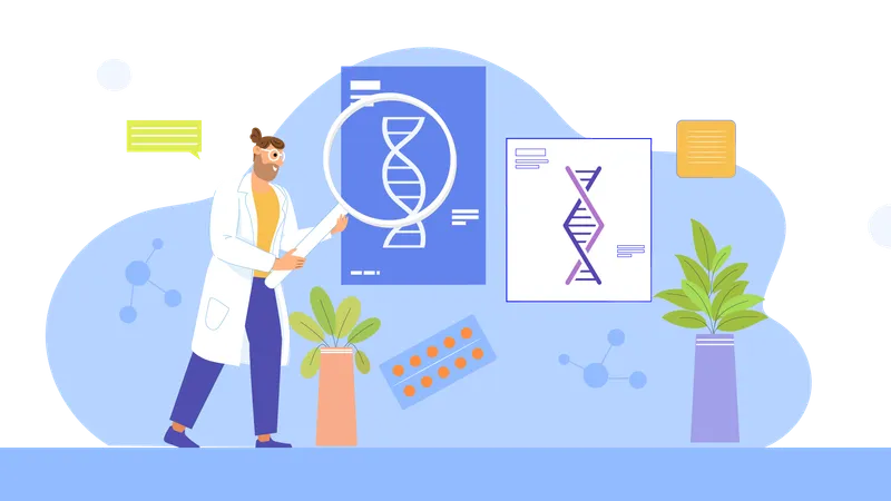 Cientista geneticista fazendo pesquisa de dna  Ilustração