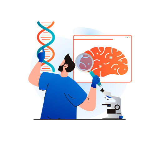 Cientista genético trabalhando no DNA do cérebro  Ilustração