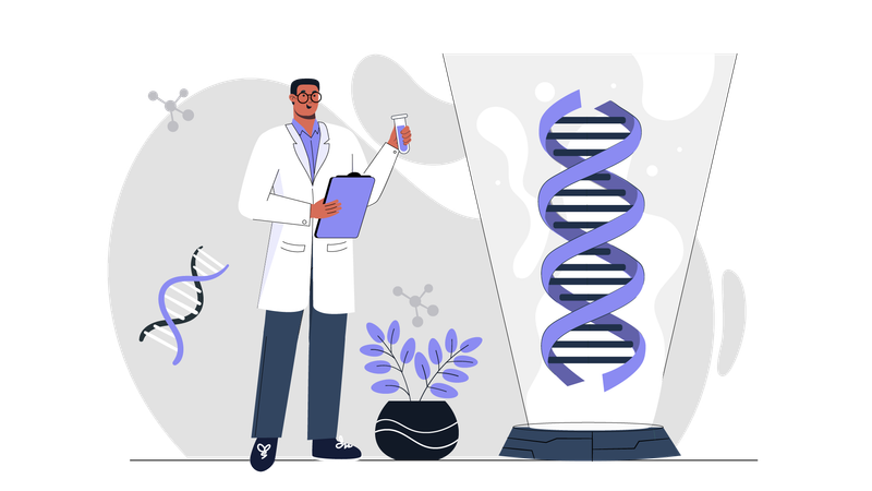 Cientista masculino fazendo pesquisa de DNA  Ilustração