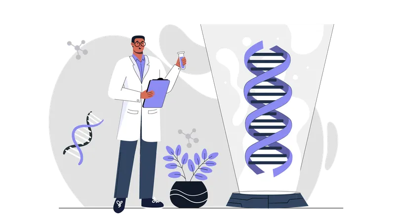 Cientista masculino fazendo pesquisa de DNA  Ilustração