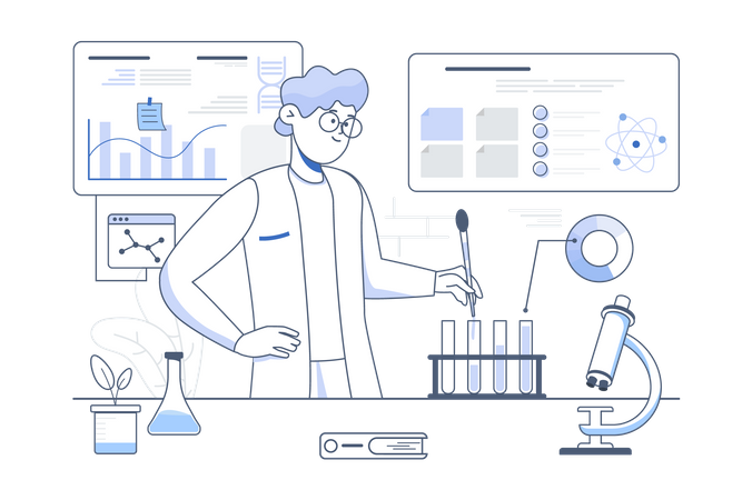 Cientista masculino fazendo pesquisas em laboratório  Ilustração