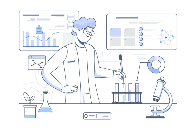 Cientista masculino fazendo pesquisas em laboratório  Ilustração