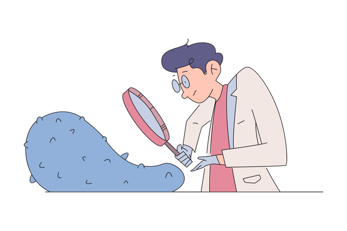 Cientista masculino pesquisando usando lupa  Ilustração