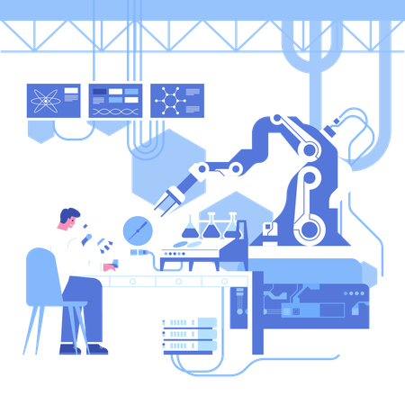 Cientista masculino trabalhando em laboratório científico automatizado  Ilustração