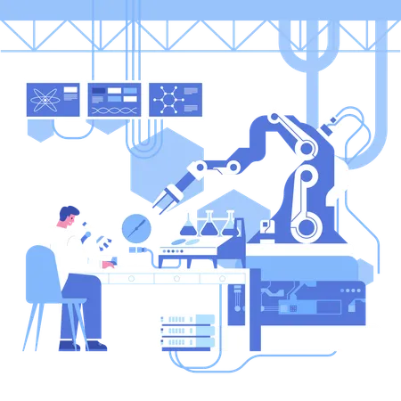 Cientista masculino trabalhando em laboratório científico automatizado  Ilustração