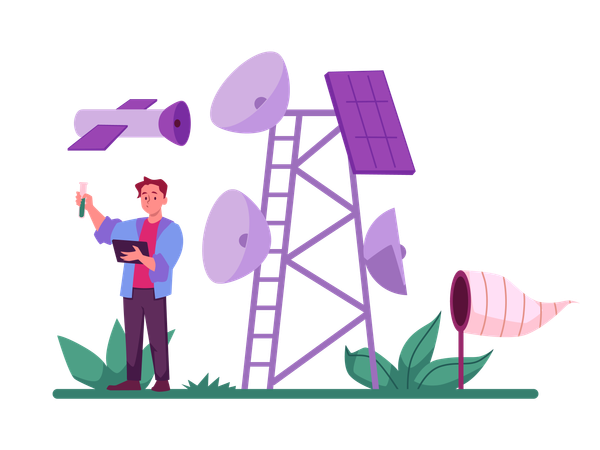 Cientista meteorologista e equipamentos  Ilustração