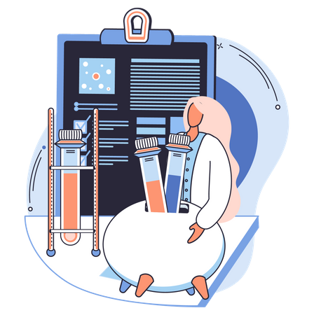 Cientista mulher com tubo de ensaio e relatório de pesquisa  Ilustração