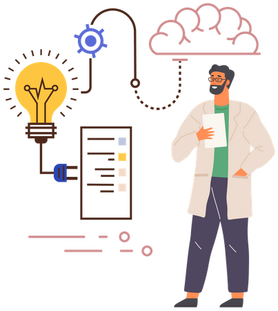 Cientista pensando em plano criativo  Ilustração