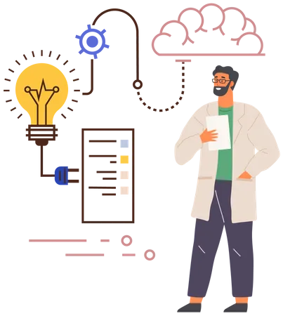 Cientista pensando em plano criativo  Ilustração