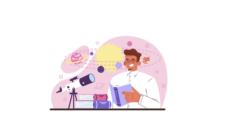 Cientista profissional fazendo pesquisa astronômica  Ilustração